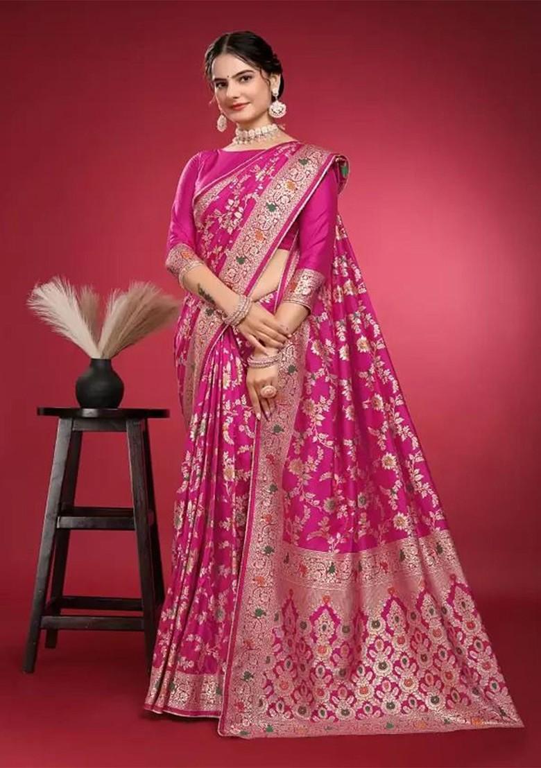 Pink woven Silk Saree Set