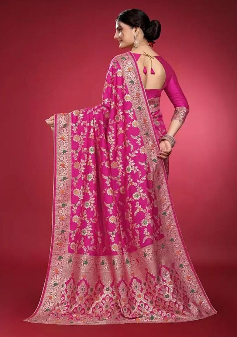 Pink woven Silk Saree Set