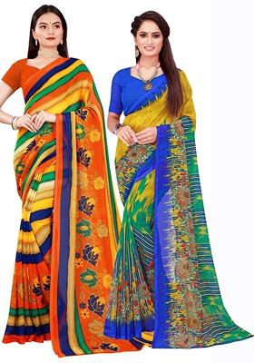 Orange Floral Georgette Saree Set