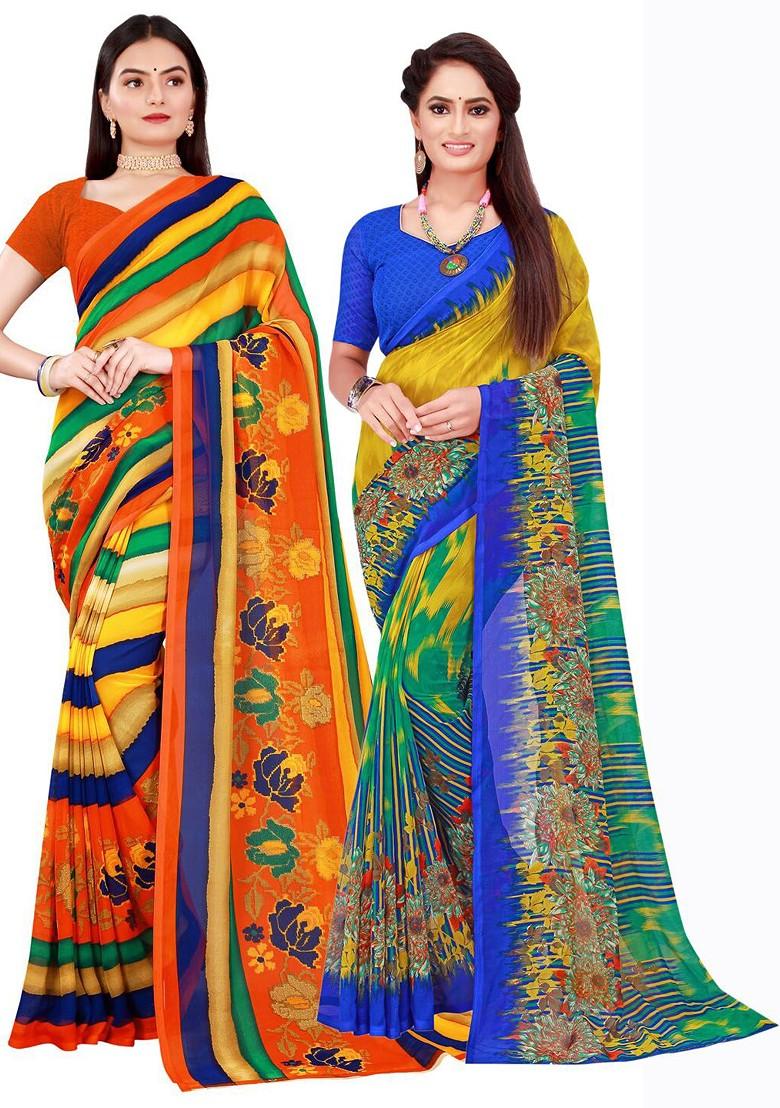Orange Floral Georgette Saree Set