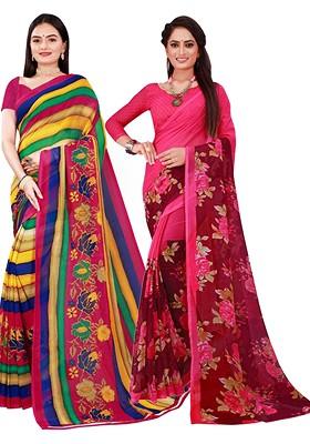 Pink Printed Georgette Saree Set (Set Of 2)