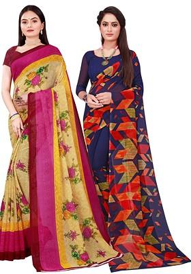Navy Blue Printed Georgette Saree Set (Set Of 2)