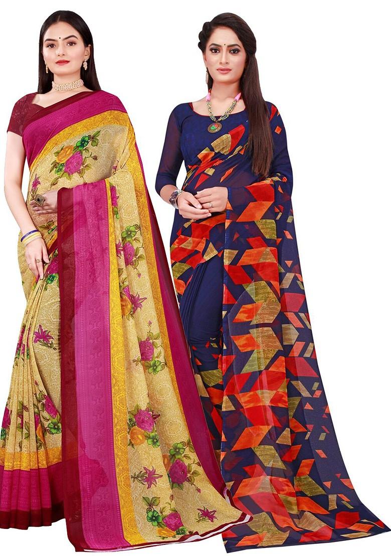 Navy Blue Printed Georgette Saree Set (Set Of 2)