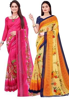 Magenta Printed Georgette Saree Set (Set Of 2)