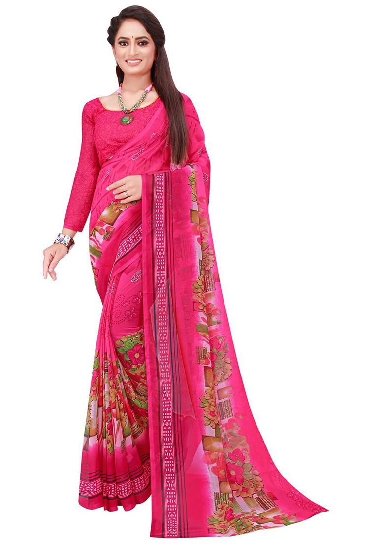 Magenta Printed Georgette Saree Set (Set Of 2)