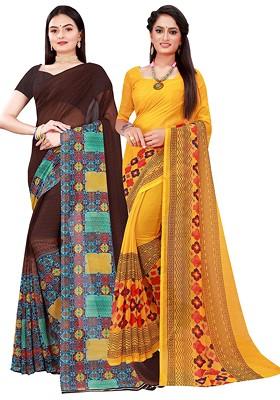 Brown Printed Georgette Saree Set (Set Of 2)