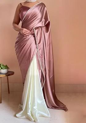 Peach Embroidered Satin Saree Set