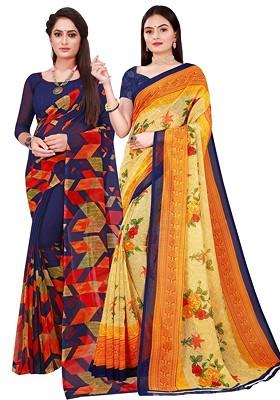 Beige Embroidered Georgette Saree Set (Set Of 2)