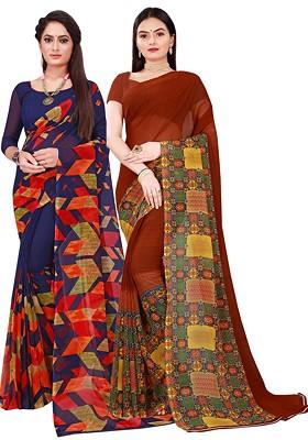 Navy Blue Embroidered Georgette Saree Set (Set Of 2)