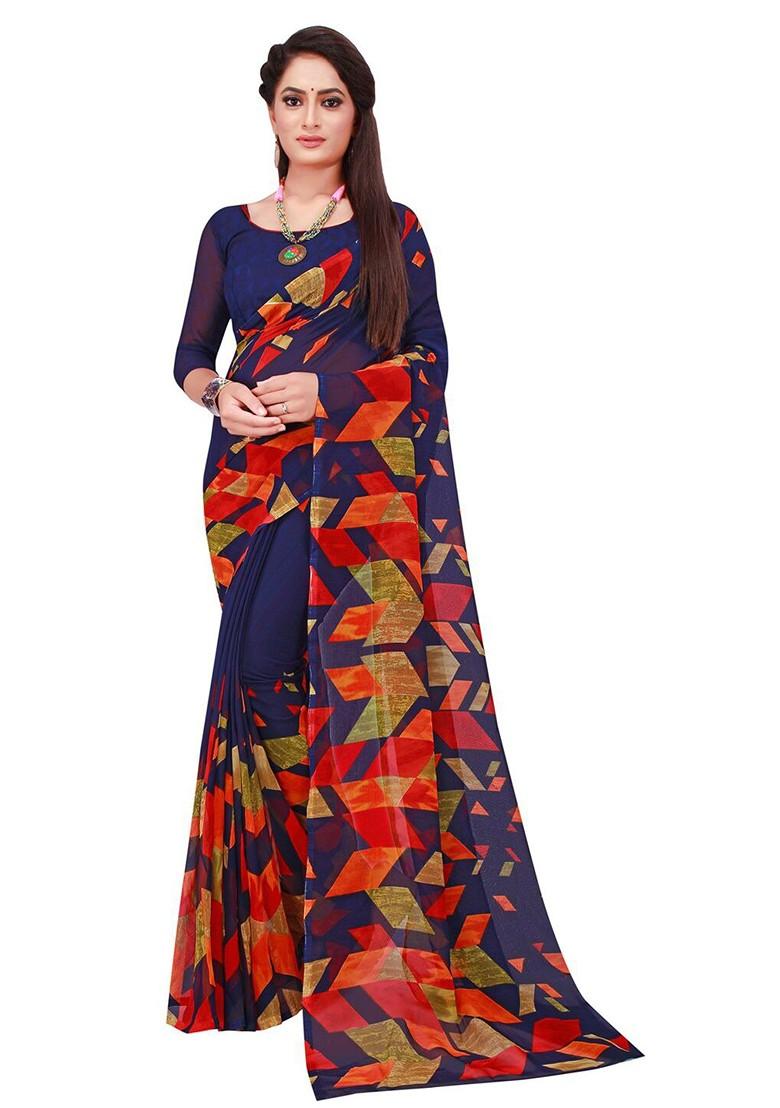 Navy Blue Embroidered Georgette Saree Set (Set Of 2)