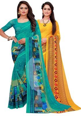 Turquoise Blue Printed Georgette Saree Set (Set Of 2)