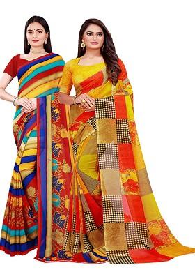 Multi Embroidered Georgette Saree Set (Set Of 2)