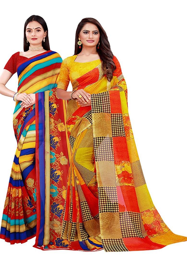 Multi Embroidered Georgette Saree Set (Set Of 2)