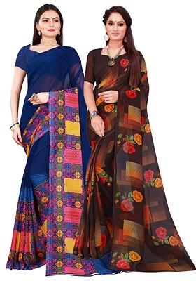 Brown Embroidered Georgette Saree Set (Set Of 2)