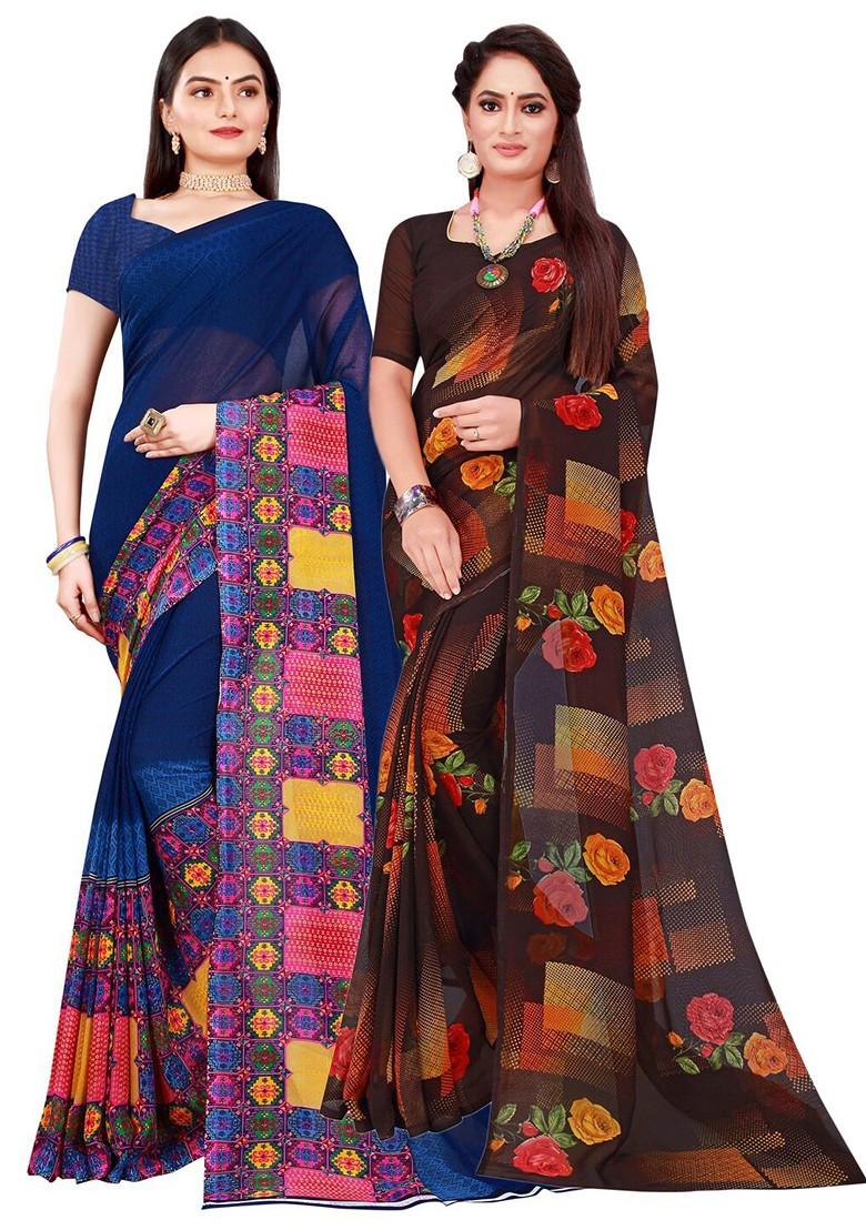 Brown Embroidered Georgette Saree Set (Set Of 2)