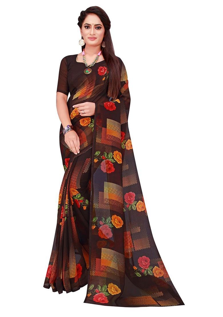 Brown Embroidered Georgette Saree Set (Set Of 2)