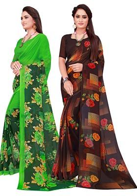 Black Embroidered Georgette Saree Set (Set Of 2)
