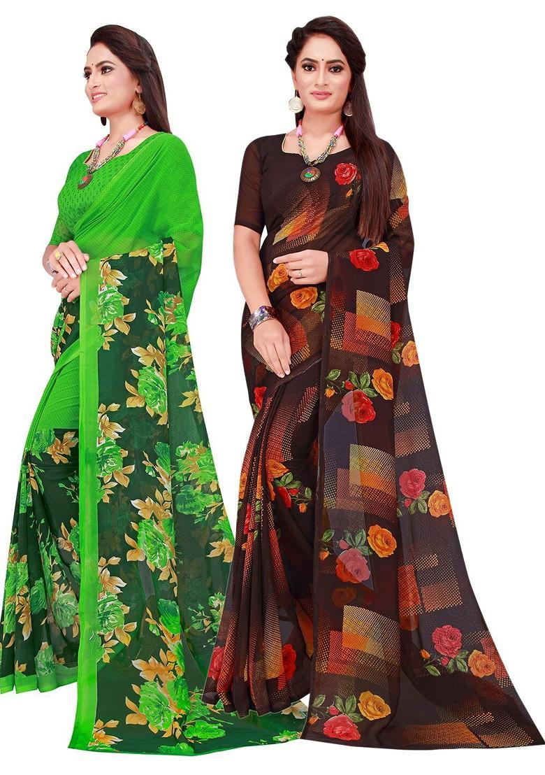 Black Embroidered Georgette Saree Set (Set Of 2)