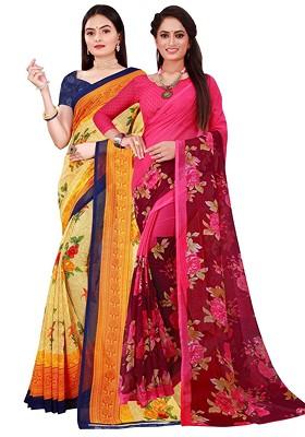 Pink Printed Georgette Saree Set (Set Of 2)