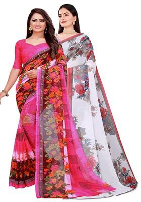 Pink Embroidered Georgette Saree Set (Set Of 2)