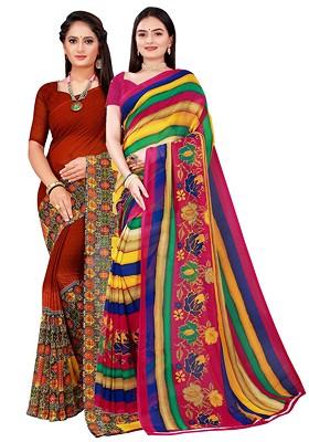 Brown Embroidered Georgette Saree Set (Set Of 2)
