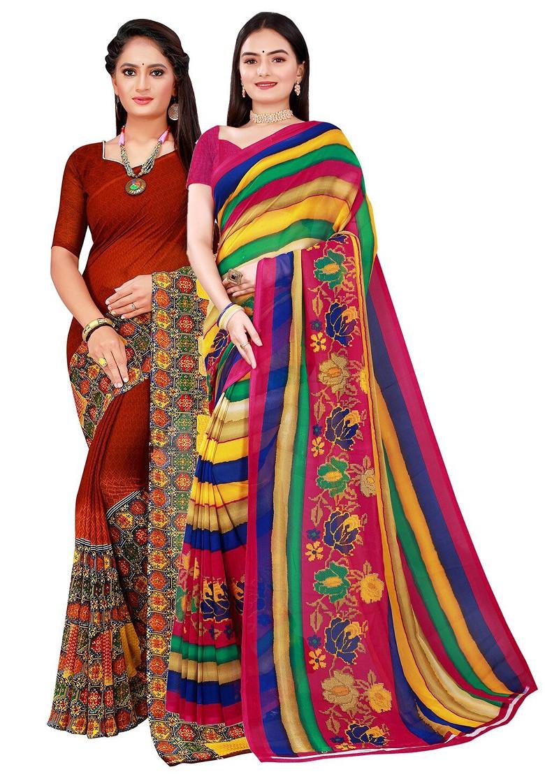 Brown Embroidered Georgette Saree Set (Set Of 2)