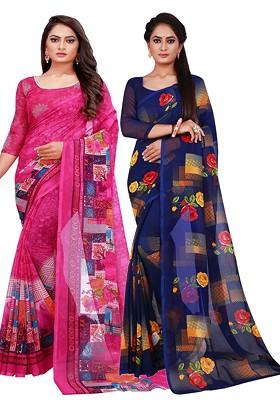 Magenta Embroidered Poly Blend Saree Set