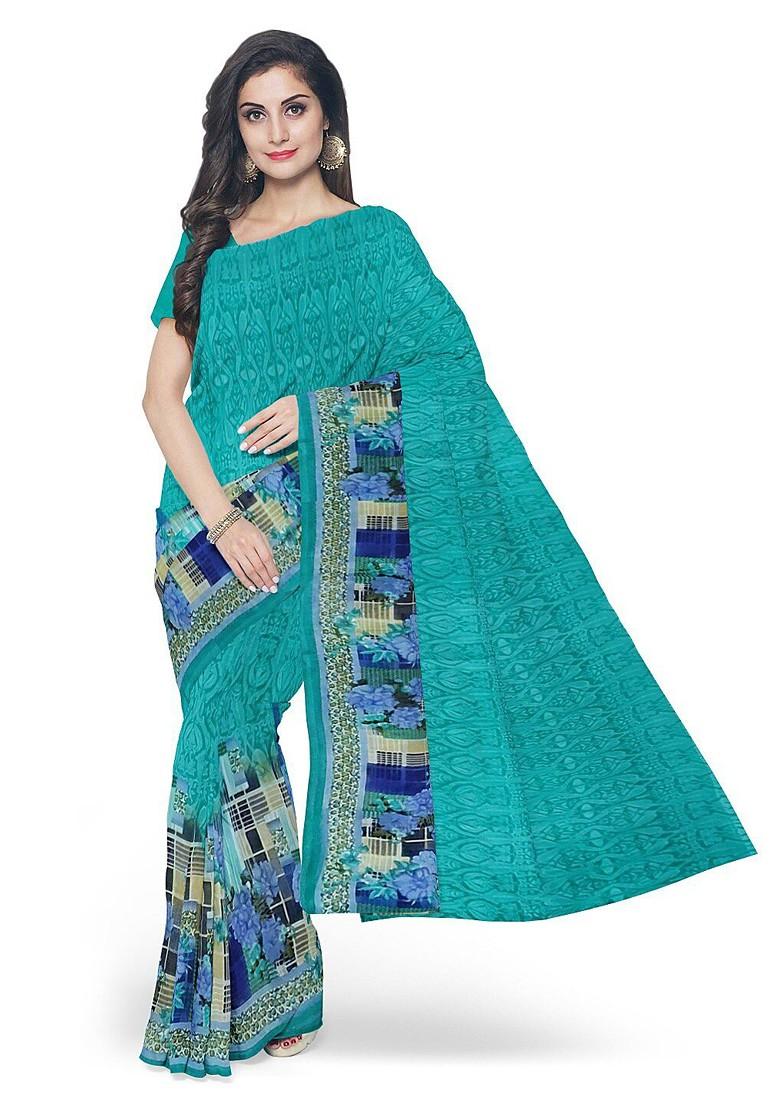 Teal Green Embroidered Georgette Saree Set