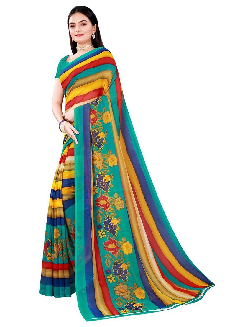 Yellow Striped Georgette Saree Set