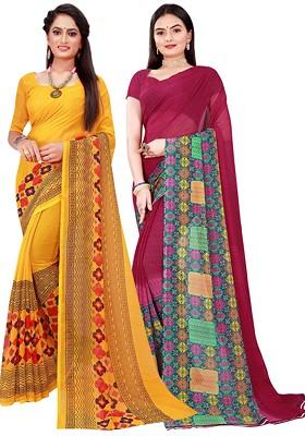 Yellow Printed Georgette Saree Set (Set Of 2)