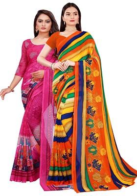 Magenta Embroidered Georgette Saree Set (Set Of 2)