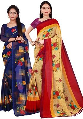 Beige Embroidered Georgette Saree Set (Set Of 2)