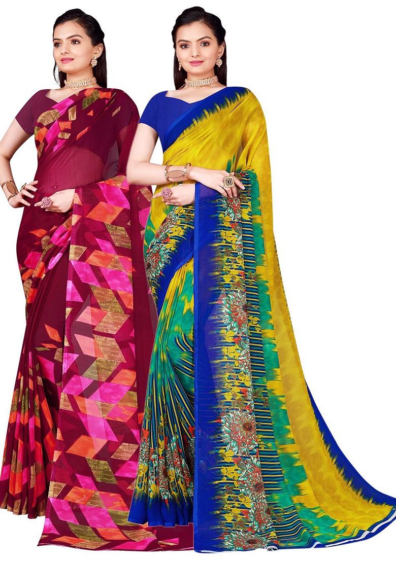 Olive Green Embroidered Georgette Saree Set (Set Of 2)