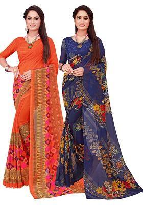 Orange Floral Georgette Saree Set (Set Of 2)