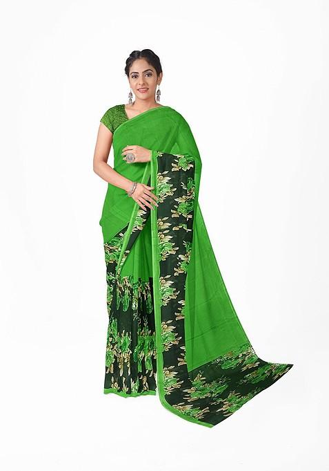 Green Floral Georgette Saree Set