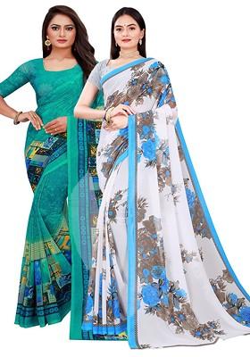 Teal Green Printed Georgette Saree Set (Set Of 2)