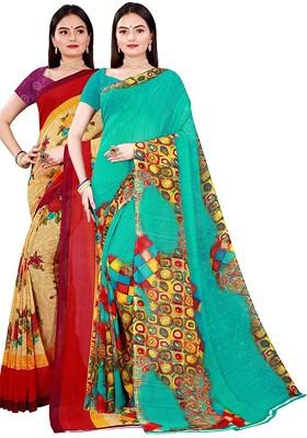 Beige Printed Georgette Saree Set (Set Of 2)