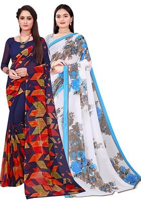Navy Blue Printed Georgette Saree Set (Set Of 2)