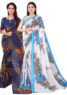 White Floral Georgette Saree Set (Set Of 2)