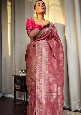 Peach woven Silk Saree Set