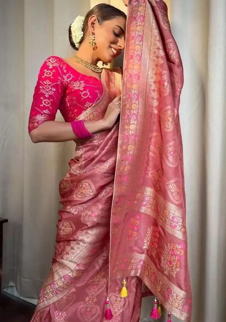 Peach woven Silk Saree Set