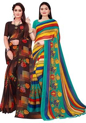 Brown Floral Georgette Saree Set (Set Of 2)