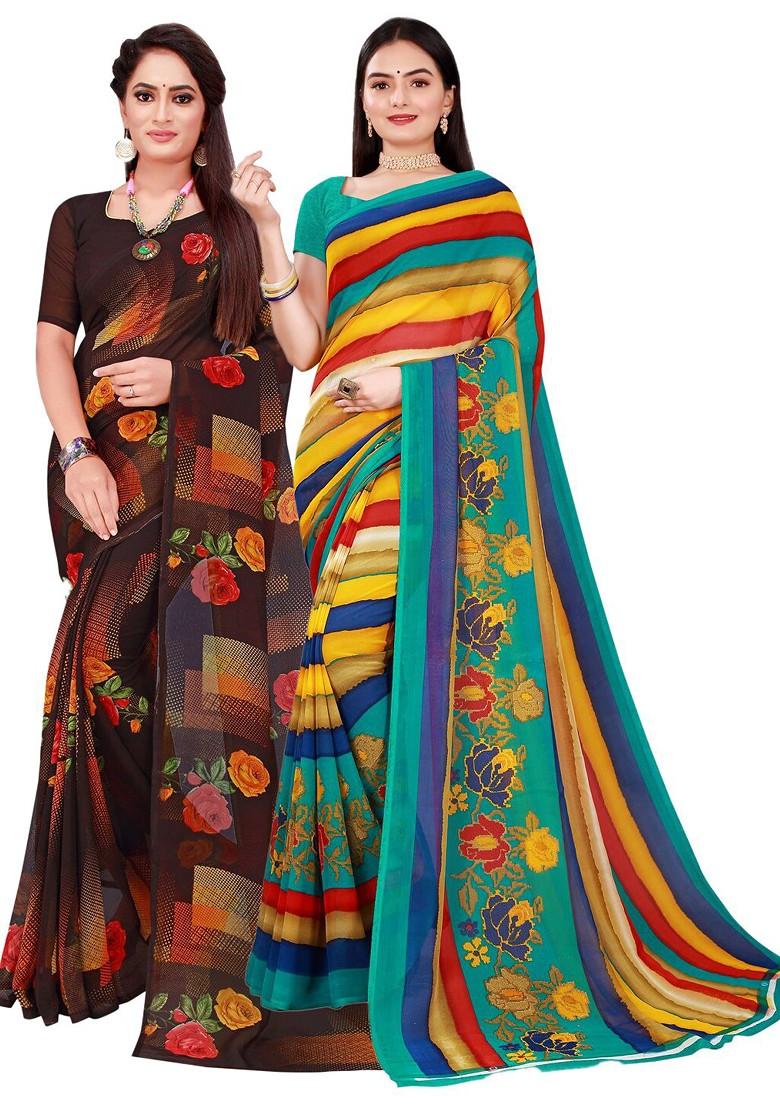 Brown Floral Georgette Saree Set (Set Of 2)