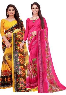 Magenta Printed Georgette Saree Set (Set Of 2)