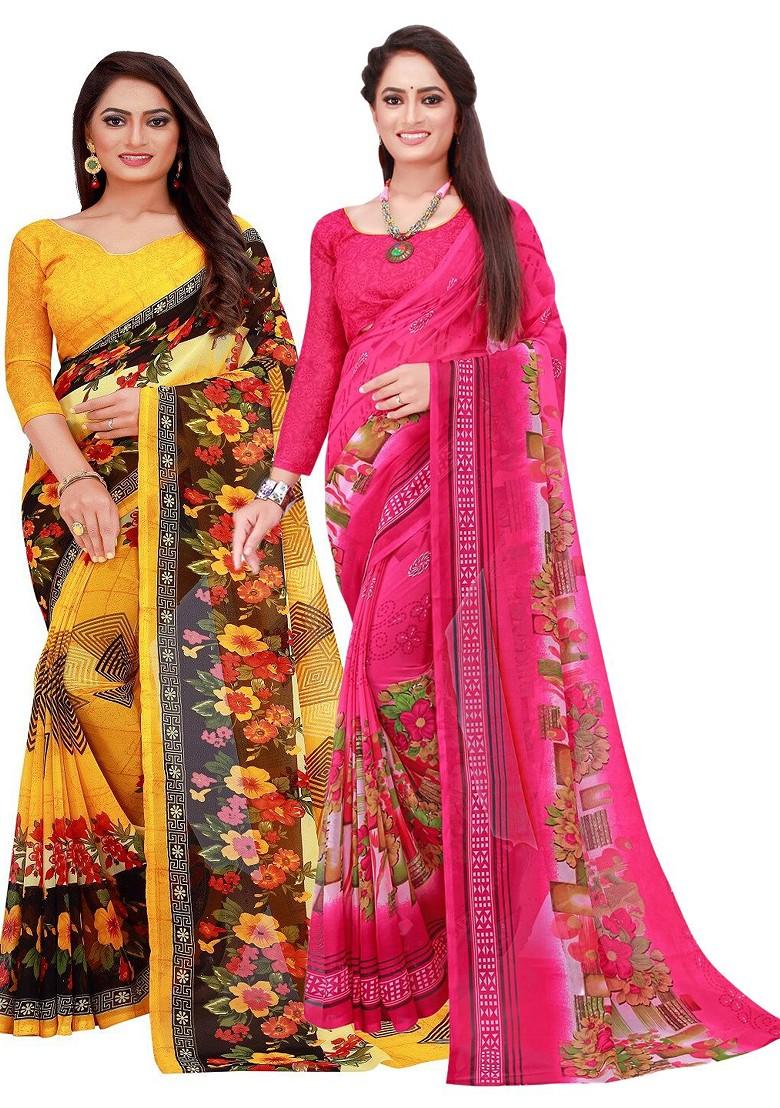 Magenta Printed Georgette Saree Set (Set Of 2)