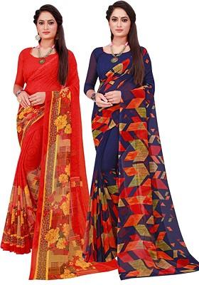 Navy Blue Printed Georgette Saree Set (Set Of 2)