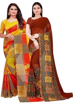 Yellow Printed Georgette Saree Set (Set Of 2)