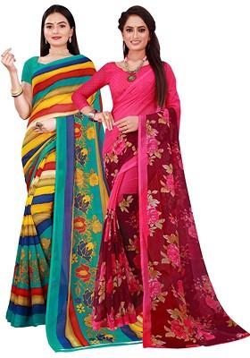 Magenta Printed Georgette Saree Set (Set Of 2)