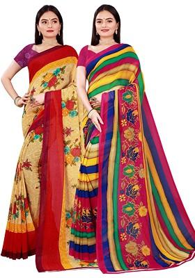 Beige Embroidered Georgette Saree Set (Set Of 2)