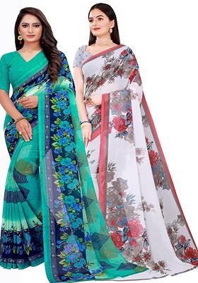 Sea Green Floral Georgette Saree Set (Set Of 2)